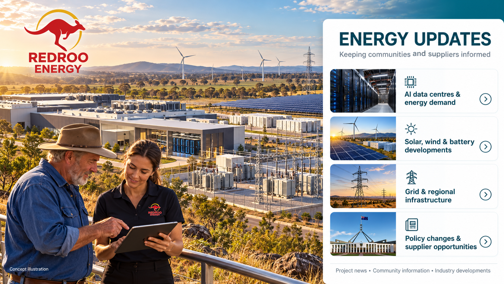 Concept illustration of data centres and regional energy infrastructure; not a photograph of Western Downs Digital Park.